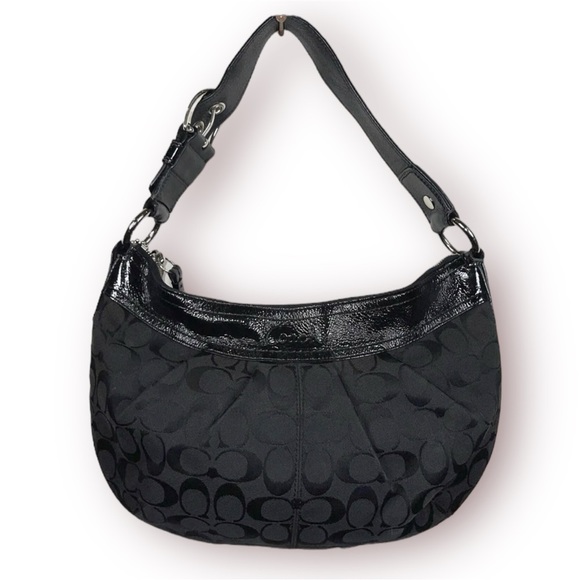 Coach Handbags - COACH Soho Signature Black Logo Jacquard Patent Leather Shoulder Bag F13740